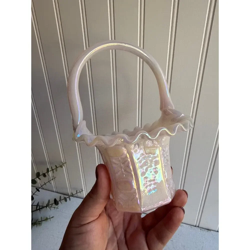 Vintage Fenton Iridescent Pink & White Glass Basket | Ruffled Edge Elegant Gift